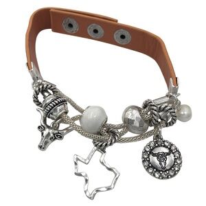 Texas Longhorns Slide Charm Faux Leather Strap Snap Bracelet